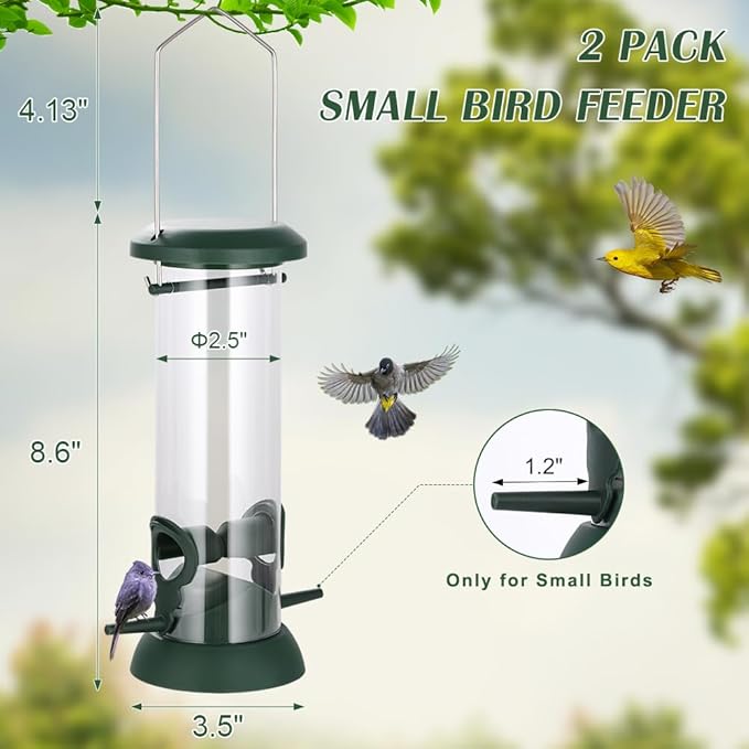 FEED GARDEN 2 Pack Tube Bird Feeders for Outdoors Hanging, Premium Hard Plastic Wild Bird Feeders with 2 Ports, Small Bird Feeder Easy-Refill&Clean, Gifts for Mom Woman, 8.5 Inch Green-Ruum Studio Home