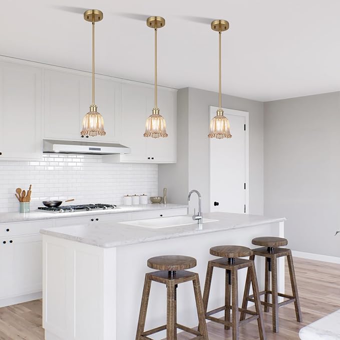 Modern Gold Pendant Light Brushed Brass Mid Century Chandelier Amber Glass Shades Adjustable Rods Farmhouse Ceiling Hanging Lighting Fixture Kitchen Island Dining Room Bedroom-Ruum Studio Home