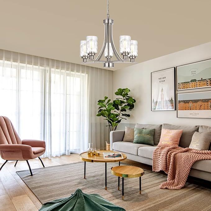BONLICHT 5 Light Modern Chandeliers Brushed Nickel Kitchen Island Dining Room Lighting Fixtures Ceiling Hanging Clear Hammered Glass Pendant Lamp Transitional Pendant Lights for Living Room Foyer-Ruum Studio Home