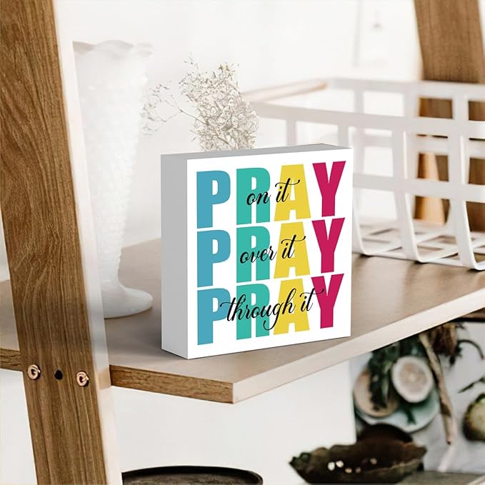 Office Decor for Women Christian Gifts Desk Bedroom Bible Verse Wall Art Inspirational Wooden Box - Pray on It Over It Through It-Ruum Studio Home
