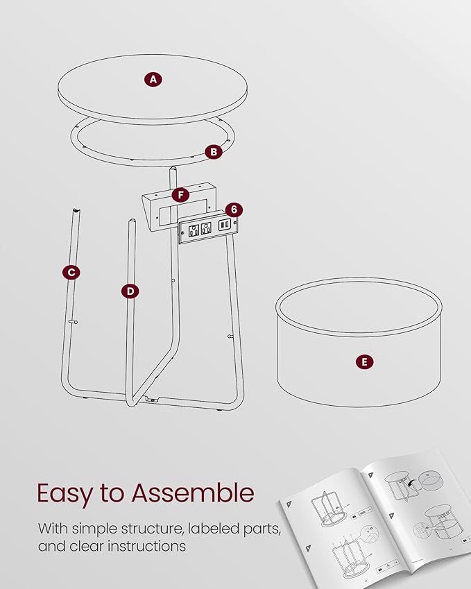 VASAGLE Side Table with Charging Station, Round End Table with Fabric Basket, Nightstand with Power Outlets, USB Ports, for Living Room, Bedroom, Modern, Dove Gray and Slate Gray ULET228G01-Ruum Studio Home