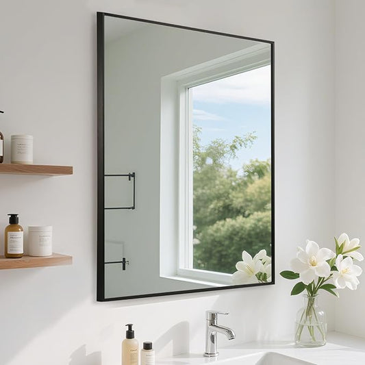 FARMER 24x32 Inch Black Bathroom Mirror, Rectangle Wall Mounted Mirror, Vanity Mirror, Brushed Square Mirror, Framed Bathroom Mirror for Bedrooms, Entryways, Living Rooms, Horizontal/Vertical-Ruum Studio Home