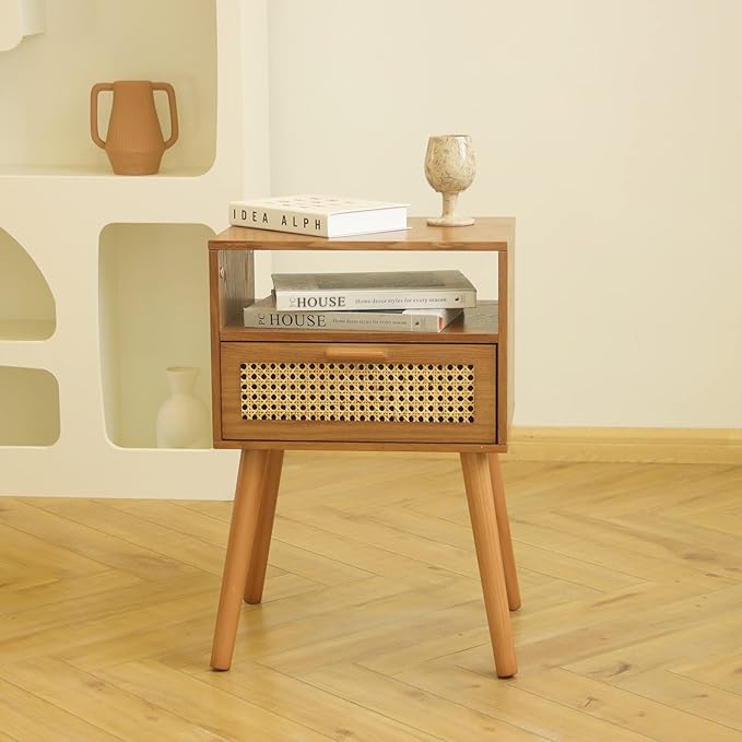 MaxSmeo Mid Century Modern Nightstand with Charging Station, Bedside Tables with Rattan Drawer, Small Wood Nightstand Side Table for Living Room,Bedroom (Brown)-Ruum Studio Home