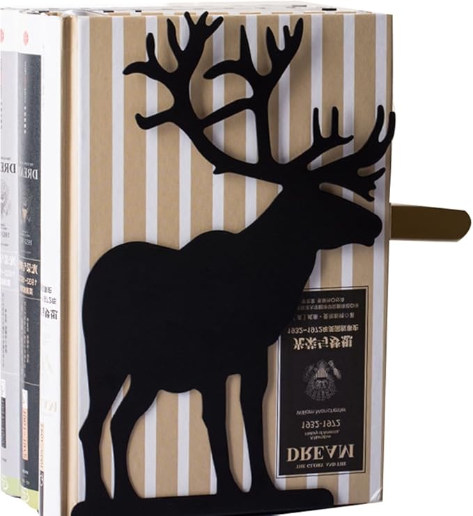 Winterworm Fashion Creative Cartoon Cute Iron Elk Moose Pattern Nonskid Metal Office Desk Bookends (Black)-Ruum Studio Home