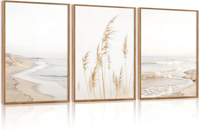 HPNIUB Modern Beach Artwork Seascape Wall Art, Seaside Framed Painting Reed Pathway Picture, Minimalist Neutral Coastal Landscape Wall Decor for Living Room,Bathroom -16'' x24'' x3-Ruum Studio Home