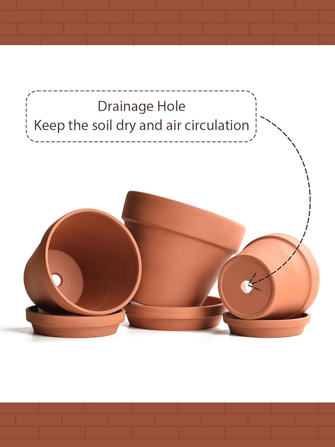 INGOFIN Terracotta Pots Set with Saucer - 5/6/7 inch Ceramic Clay Planters with Drainage Hole, Garden Flower Succulent Pots with Tray for Indoor Outdoor Plants, Set of 3-Ruum Studio Home