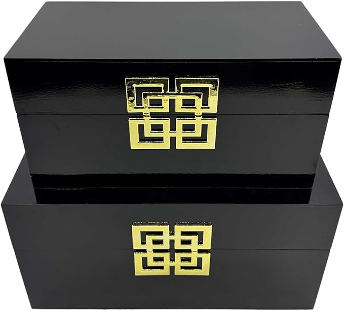 Galt International Storage Box Set Decorative Storage Box w/Hinged Lid Classic Design Wood Decor Boxes with Geometric Clasp Storage for Bedroom & Home - Set of 2 (Black & Gold)-Ruum Studio Home