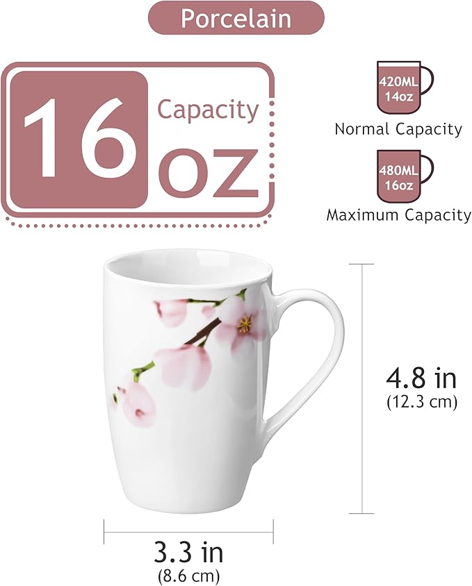 VEWEET Large Coffee Mugs Set of 6, 16 OZ Coffee Cups Set with Handle, Floral Mug Sets Ceramic Cup Set for Kitchen, Microwave& Dishwasher Safe, Series ANNIE-Ruum Studio Home