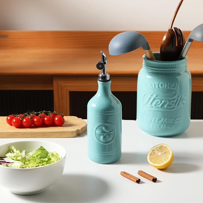 Sweejar 16 Oz Ceramic Olive Oil Dispenser Bottle, Oil Dispenser for Kitchen with Gravity Spout, Relief Opaque Oil Container for Evoo, Avocado Oil, Vinegar, Soy Sauce, 1 Pack(Turquoise, Silver Spout)-Ruum Studio Home