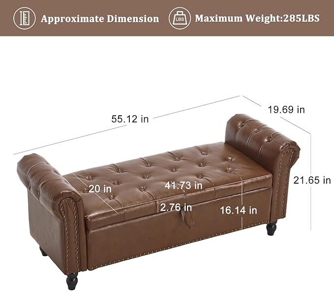 Furniliving 55” End of Bed Bench, Bedroom Bench with Button-Tufted, Large Upholstered Storage Ottoman Entryway Bench with Storage Shoe Cabinet Bench, for Bedroom, PU, Brown-Ruum Studio Home