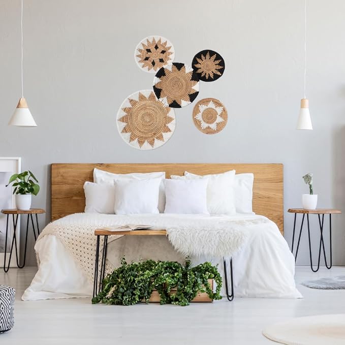 Tebie At Home Boho Wall Art - Boho Wall Baskets Decor - Handmade Set of 5 Woven Baskets With Seagrass - Flat Elegant Art for Farmhouse and Rattan Decor for Living Room, Bedroom and Office-Ruum Studio Home