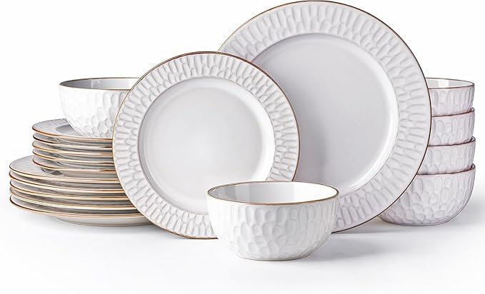 GBHOME Ceramic Dinnerware Sets,18 pcs Embossed Elegant Stoneware Plates and Bowls Sets, Housewarming Wedding Gift | Dishwasher & Microwave Safe | Dishes Set Service for 6-Ruum Studio Home
