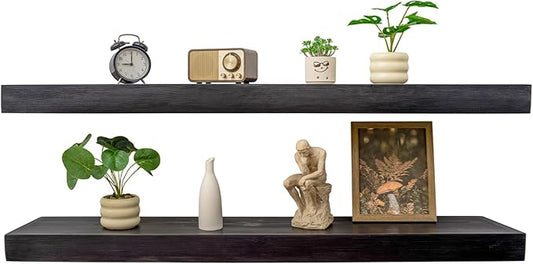 Floating Shelves 3 inch Thick for Wall Set of 2,Solid Pine Wood Wall Mount Shelf for Kitchen Living Room Bedroom Bathroom,8" D x 60" L x 3" H-Black-Ruum Studio Home