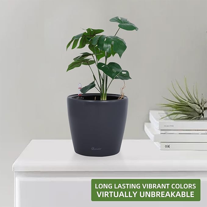 Dexceder 11x10 Inches Self Watering Planter Indoor Outdoor, Inner Pot Design, Thickened Table Flower Plant Pot with Water Level Indicator (Slate Gray Matte)-Ruum Studio Home