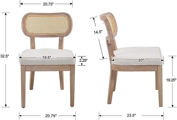 Rattan Dining Chairs Set of 2, Linen Fabric Farmhouse Dining Room Chairs with Cane Back Curved Backrest Kitchen Chairs Rustic Armless Side Chairs for Dining/Living Room/Restaurant, Beige-Ruum Studio Home