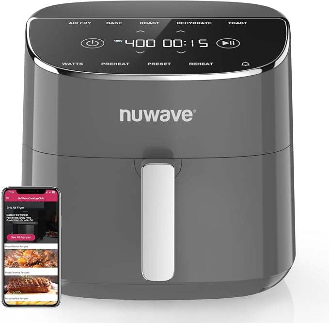 Nuwave Brio Plus Air Fryer 8 Qt, New & Improved, PFAS-FREE, 7 Digital One-Touch Cook Functions that AIR FRY, BAKE, ROAST, DEHYDRATE, TOAST, REHEAT, PREHEAT, 150 Presets, 50°F~400°F (Cool Gray)-Ruum Studio Home
