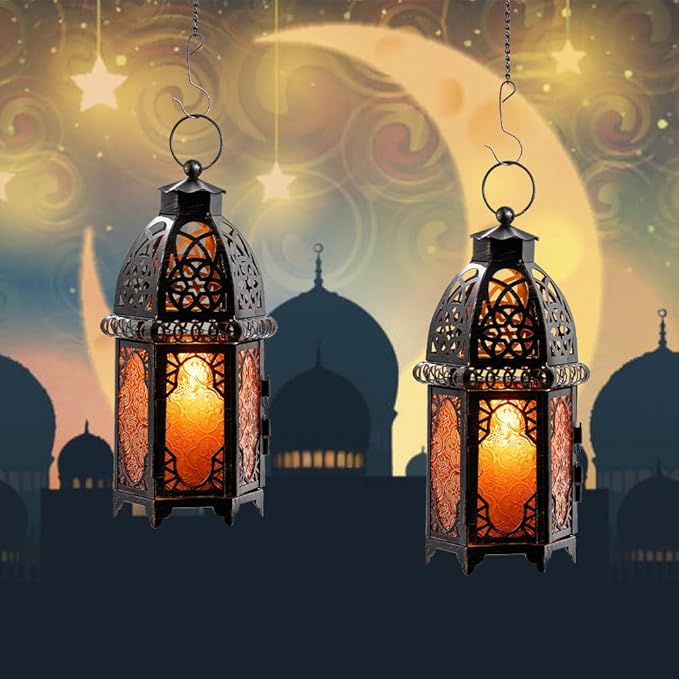 NEEDOMO Set of 2 Moroccan Lanterns Decorative Indoor & Outdoor, Hanging Candle Lantern, 11'' Vintage Candle Holder, Metal Lanterns Decorative, Table, Patio, Porch, Shelf, Gothic Home Decor (Amber)-Ruum Studio Home