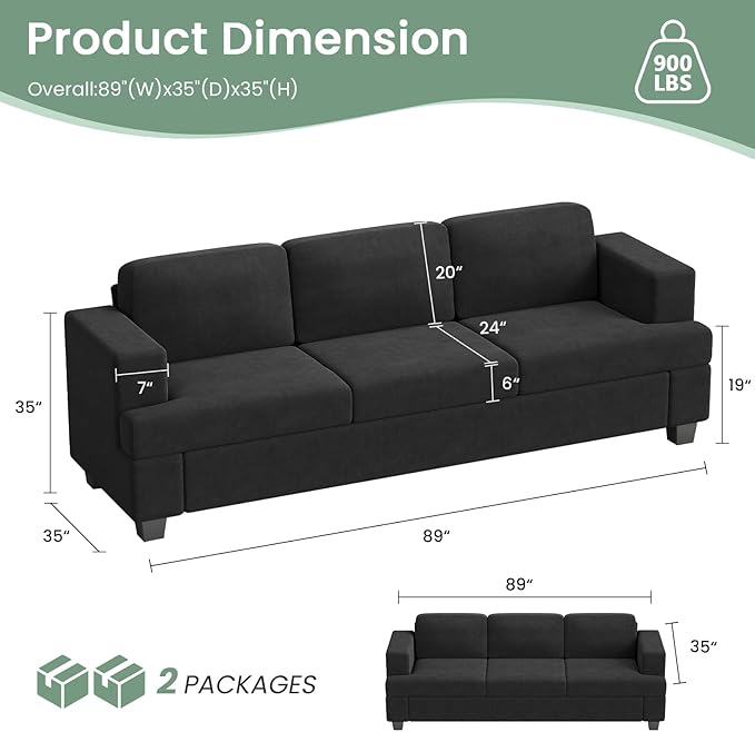 2 Piece Set Comfy Sofa Couch, 3 Seater & Loveseat Sofa with Deep Seats, Modern Sleeper Couch for Living Room, Dark Grey Chenille-Ruum Studio Home