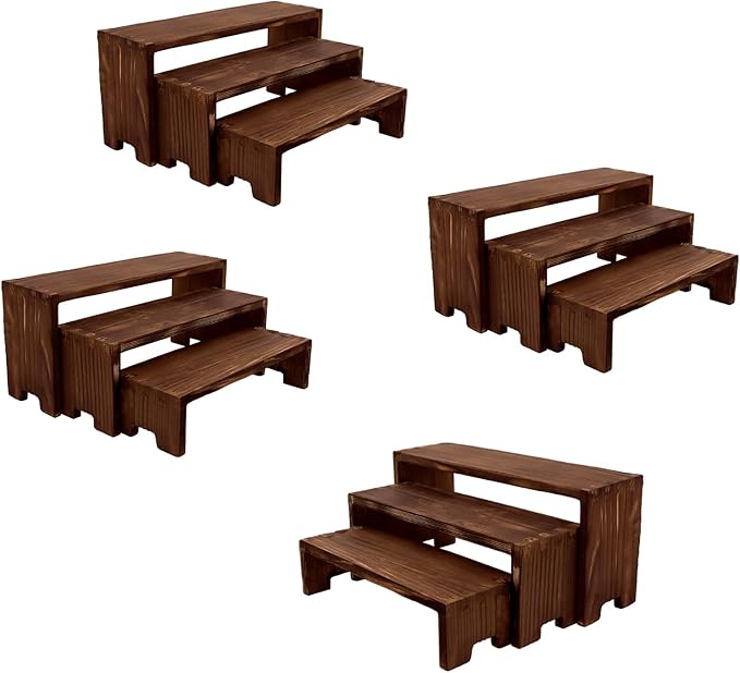 Display Wood Risers Wooden Stand 3 Tier 4 Set 12 Pieces Tiered Desert Wooden Stands Decorative Rectangular Display Cupcake Stands Cologne Perfume Racks(Brown)-Ruum Studio Home