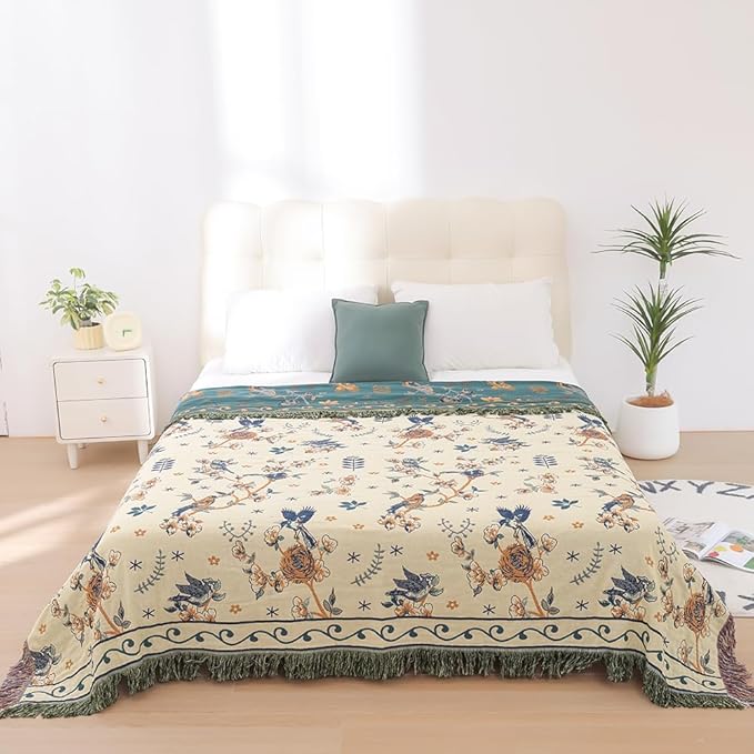 Boho 100% Organic Cotton Large Throw Blanket 50" x 60" - All Season Rustic Ultra Soft Breathable Floral Bird Blanket for Bed Sofa Couch Chair Bedspread Quilt Gift-Teal,Beige-Ruum Studio Home