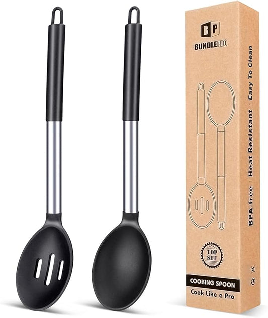 Pack of 2 Large Silicone Cooking Spoons,Non Stick Solid Basting Spoon,Heat-Resistant Kitchen Utensils for Mixing,Serving,Draining,Stirring (BLACK)-Ruum Studio Home