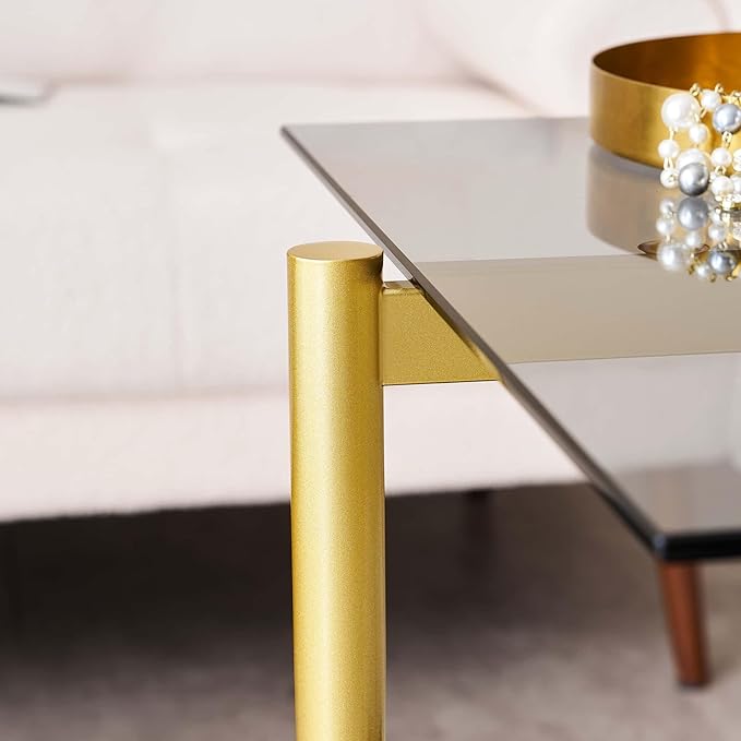 Glass End Table, Mid-Century Modern Design Sofa Table, for Living Room, L18 x W18 x H23 in, Clear Glass Top and Walnut MDF Shelf, Sleek Conical Metal Legs with Gold Finish Frame-Ruum Studio Home