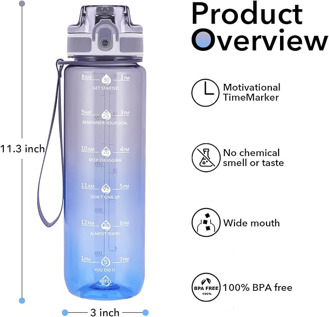 32oz Motivational Water Bottles with Time Marker & Fruit Strainer, Transparent Gradient Color Water Bottle with Times to Drink, Leakproof & BPA Free, Reusable Bottle with Strap (No Straw)-Ruum Studio Home