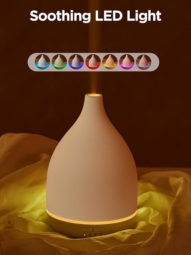InnoGear Oil Diffuser, 300ML Ceramic Diffuser for Essential Oils Handcrafted Aromatherapy Diffuser Ultrasonic Cool Mist Humidifier with 4 Timers Waterless Auto Off for Room Office, White Base-Ruum Studio Home