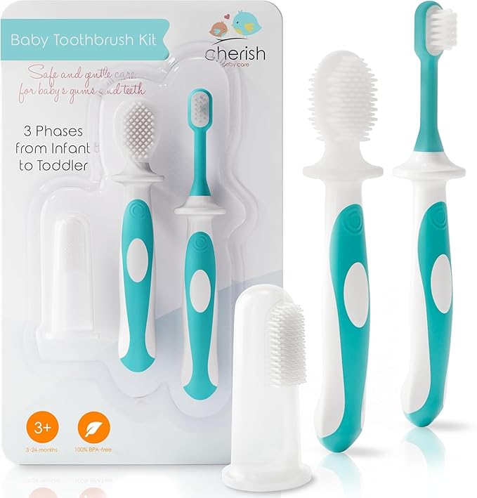 Cherish Baby Care Baby Toothbrush & Toddler Toothbrush Set (0-2 Years) - BPA-Free & Safety-Tested, 2023 Award Winner, Food-Grade Silicone (Teal)-Ruum Studio Home
