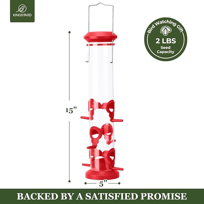 Kingsyard 2 Pack Tube Bird Feeders for Outdoors Hanging, Premium Hard Plastic Bird Feeder with 6 Feeding Ports, Weatherproof & Steel Hanger, Attracting for Wild Birds (Red)-Ruum Studio Home