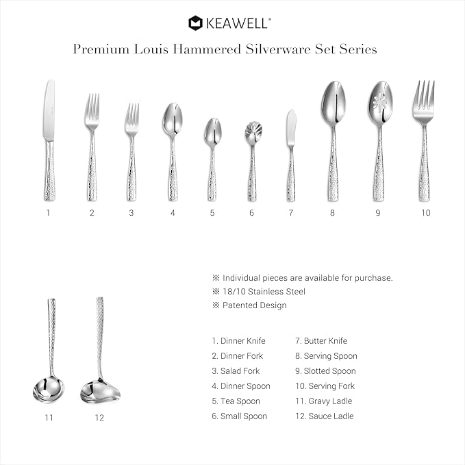 KEAWELL Premium 20/45/65 Piece Louis Hammered Silverware Set with Squared Edge, 18/10 Stainless Steel, Service for 4/8/12, Fine Flatware Set, Dishwasher Safe (65)-Ruum Studio Home