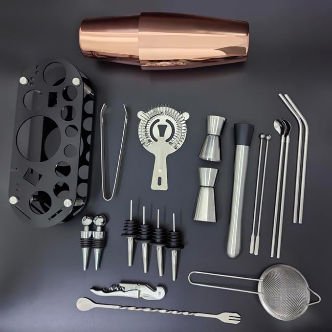 22-Piece Cocktail Shaker Set, 25/20oz Bartender Kit, Bartending Stainless Steel Bar Tools Sets for Drink Mixing, Boston Cocktail Shakers with Stand Recipes Booklet (Rose Gold-25-20oz)-Ruum Studio Home