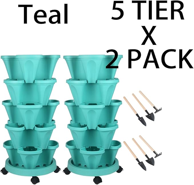 Vertical Planter 5 Tier Stackable Planters Garden Planters Strawberry Herb Flower and Vegetable Planter Indoor Outdoor Gardening Pots with Removable Wheels and Tools-Ruum Studio Home