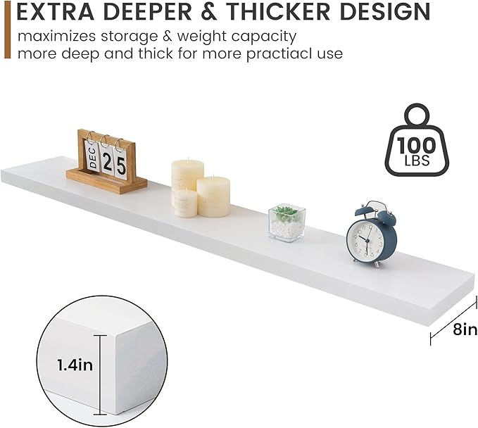 Fun Memories 48 Inch Floating Shelves for Wall, Deep Rustic Solid Pine Wood Shelf - Farmhouse Wall Mounted Display Shelf with Heavy-Duty Metal Bracket, 48" W x 8" D, Set of 1, White-Ruum Studio Home