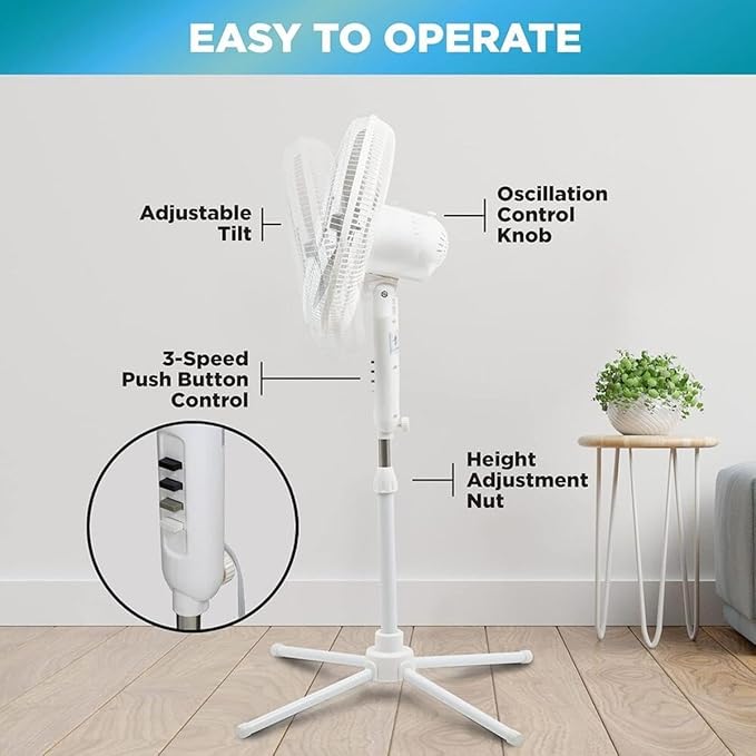 EZ-CHILL 16” Oscillating Pedestal Fan, 3-speed Options, 90-Degree Oscillating Head, Adjustable Height and Tilt, Powerful Air Flow, Black, MTFS-16B-BLK-Ruum Studio Home