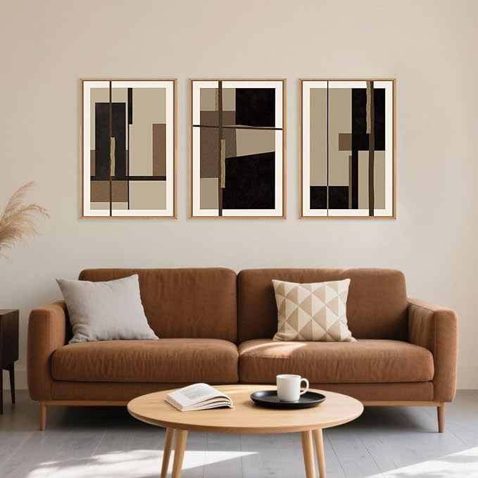 Abstract Shapes Framed Canvas Wall Art Set, Mid-Century Black Polygon Wall Decor, Black Brown Irregular Painting, Neutral Modern Art Print for Living Room, Dining Room, Office - 16"x24"x3-Ruum Studio Home