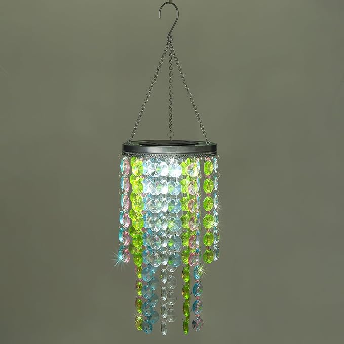 Hanging Solar Lantern Outdoor, 2 Tiers 21” Solar Multicolor Acrylic Beaded Chandelier with Cool White LED S Hooks for Garden Yard Patio Gazebo Outside Decor-Ruum Studio Home