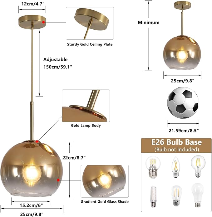 KCO Lighting 1-Light Modern Glass Pendant Lights Large Gold Globe Pendant Light Mid Century Single Pendant Light Kitchen Island Dining Room Lighting Fixtures Ceiling Hanging-Ruum Studio Home