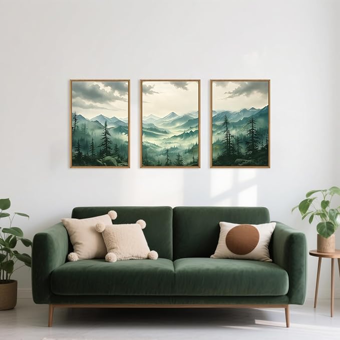 Celestdeco Green Foggy Mountain Framed Canvas Wall Art Set, Misty Forest Wall Decor, Watercolor Pine Tree Wall Painting, Large Nature Landscape Art Print for Living Room, Bedroom, Office - 24"X36"X3-Ruum Studio Home