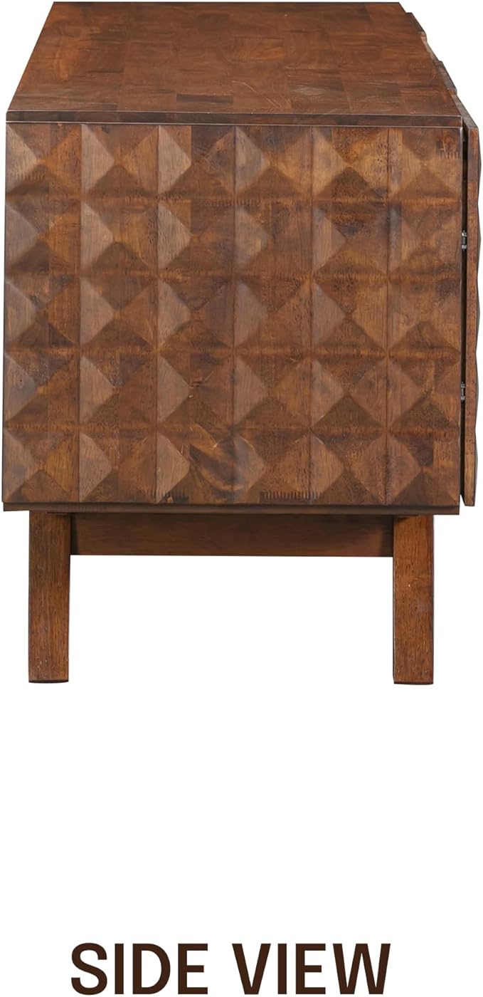 NTC Sapa Mid-Century Modern Solid Wood TV Stand 4-Door Media Console with Carved Geometric Fronts for TVs up to 75", Effortless Assembly, Dark Walnut-Ruum Studio Home