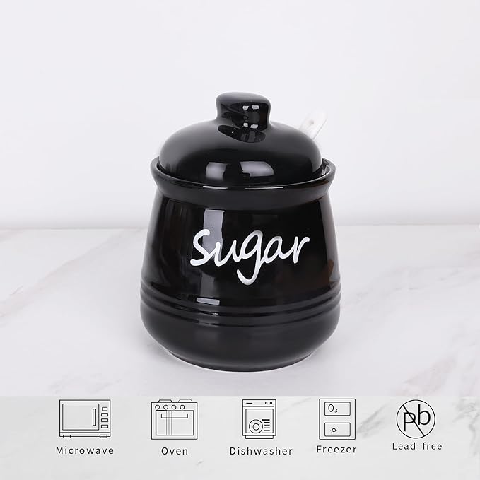 HAOTOP 12oz Sugar Bowl with Lid and Spoon,Ceramic Sugar Jar Sugar Dispenser Sugar Container Coffee Bar Accessories, Kitchen Countertop Canisters, Black-Ruum Studio Home