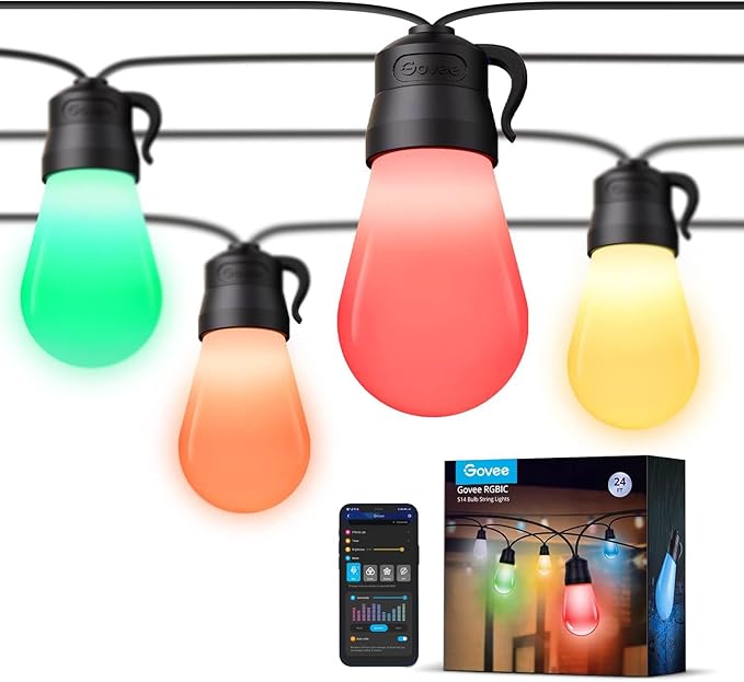 Govee Smart Outdoor String Lights H7029, 24ft RGBIC Outdoor Lights with 8 Dimmable LED Bulbs, IP65 Waterproof, Color Changing Warm White Lights with 47 Scene Modes for Patio, Backyard, App Control-Ruum Studio Home
