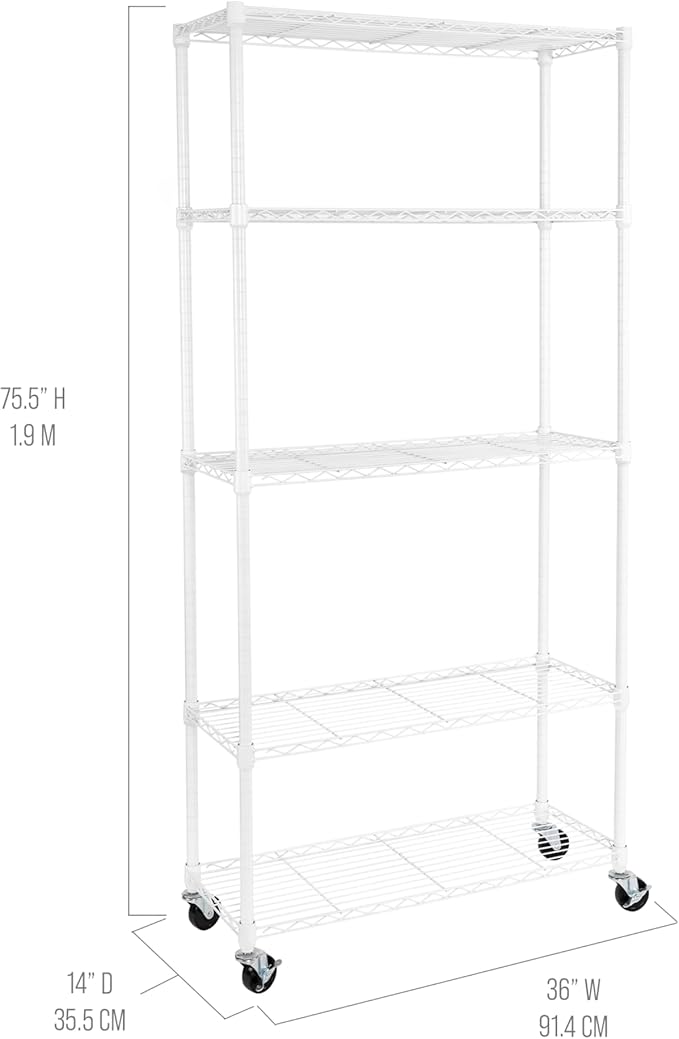 Seville Classics UltraDurable Heavy Duty NSF Solid Steel Wire Rack Storage Unit, Organizer for Garage, Warehouse, Office, Restaurant, Classroom, Kitchen, White, 5-Tier Shelving, 36" W x 14" D-Ruum Studio Home