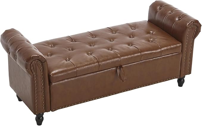 Furniliving 55” End of Bed Bench, Bedroom Bench with Button-Tufted, Large Upholstered Storage Ottoman Entryway Bench with Storage Shoe Cabinet Bench, for Bedroom, PU, Brown-Ruum Studio Home