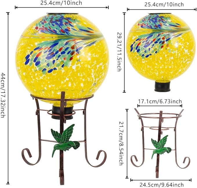 10" Diameter Solar Gazing Ball and 8.5" Metal Stand Indoor Outdoor Glass Globe Sphere Yard Art Ornament Solar Gazing Balls for Garden,Lawn,Porch,Patio Gardening Gift for Women(Yellow)-Ruum Studio Home