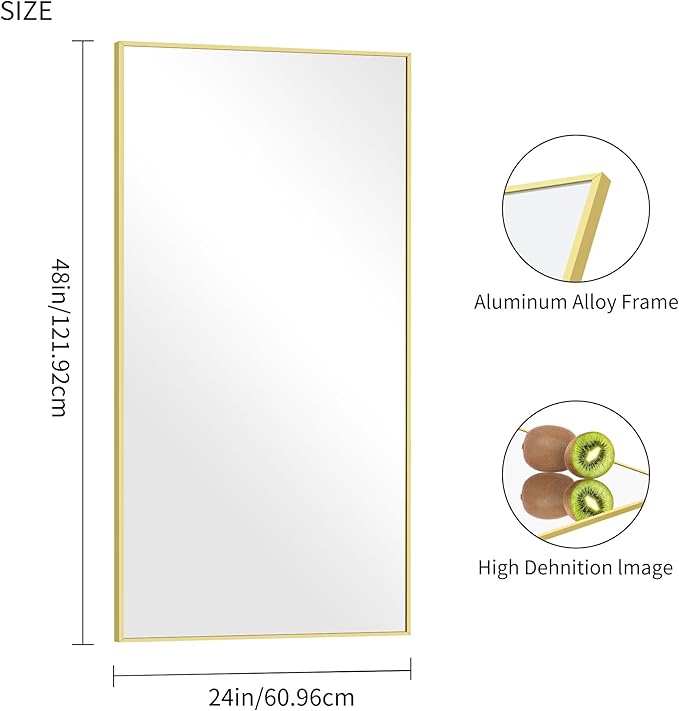 48x24In Gold Bathroom Mirror for Wall, Brushed Gold Rectangle Mirrors with Metal Frame, Bathroom Rectangular Mirror Modern Wall Mirror for Bedroom Living Room, Hangs Horizontal or Vertical-Ruum Studio Home
