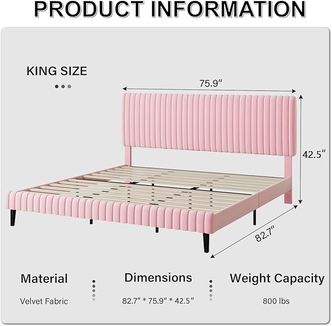 King Size Bed Frame with Headboard, Velvet Upholstered Platform Bed with Vertical Channel Tufted Design, No Box Spring Required, Easy Assembly, Pink-Ruum Studio Home