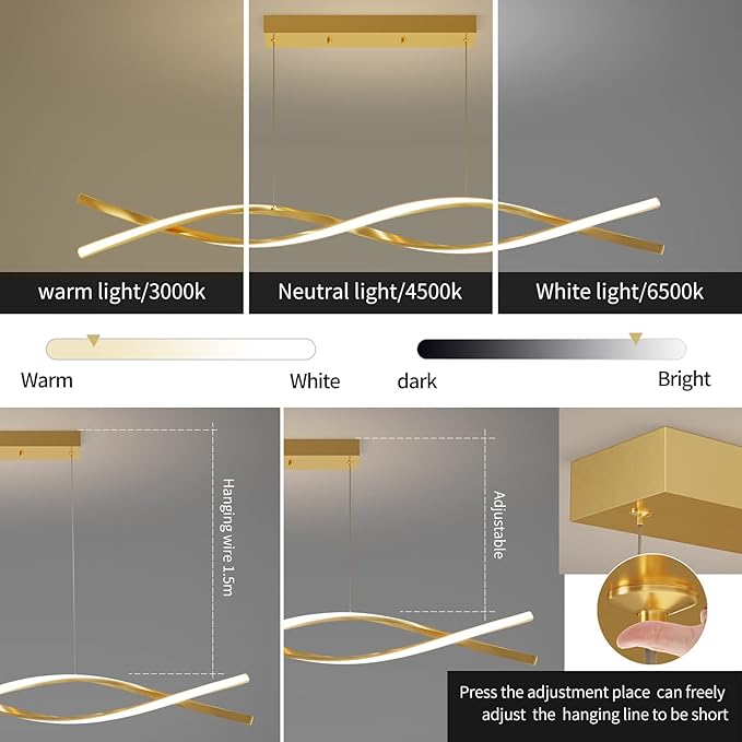 Modern Ceiling Pendant Light, with Remote Control Dimmable 3 Color Mode & Brightness Ceiling Lamp, Anti-Flicker Dining Light Fixture for Kitchen, Dining Room (Gold, 39IN)-Ruum Studio Home