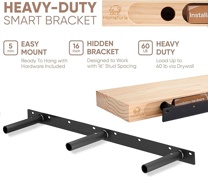 Homeforia 48 inch Oak Floating Shelf, High End Solid Real Wood 48inch Floating Shelves for Wall Mounted, Honey Oak Wooden 48in Large Floating Shelves, Heavy Duty Bracket, 48 X 6.5 X 1.75 in, Set of 2