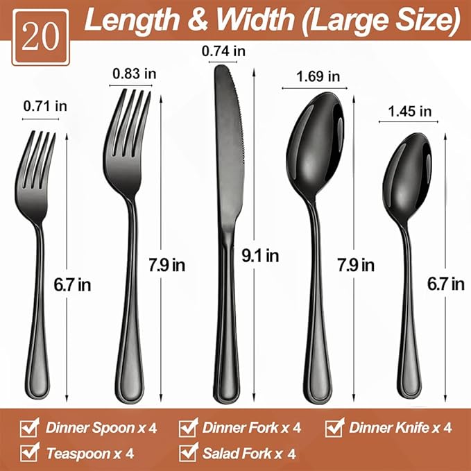20 Pcs Black Silverware Set for 4 with Simple Striped Handle Design, Food Grade Stainless Steel Flatware Set, Eating Utensils Sets Include Fork/Knife/Spoon, Cutlery Set, Dishwasher Safe-Ruum Studio Home